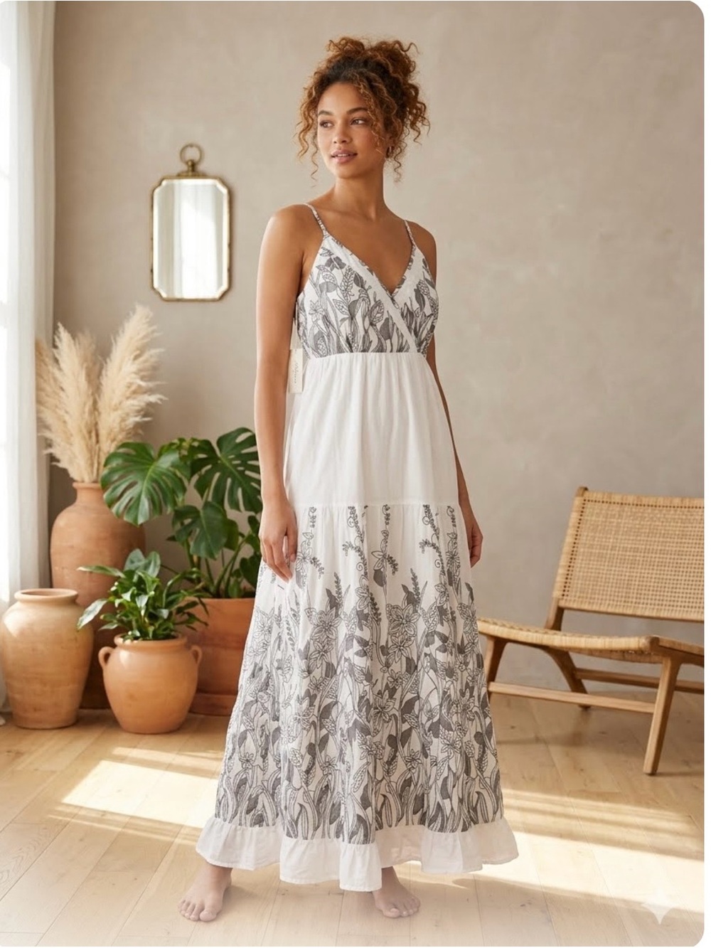 Denim 24/7 White Maxi Dress with Black Floral Print